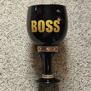 BOSS Large Black Wine Style Cup Gold Glitter & Rhinestones 40oz